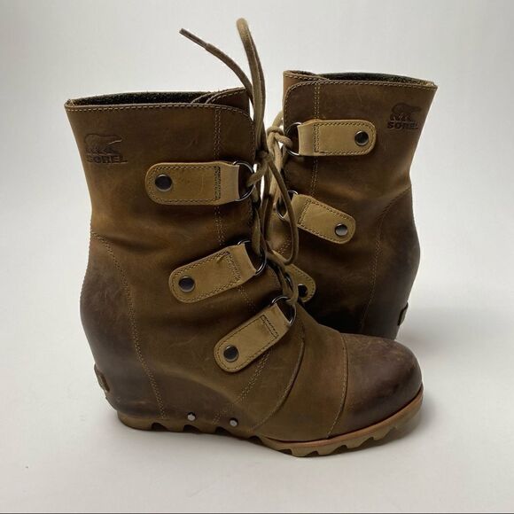 Sorel Joan of Arctic Lace Up Wedge Lexie Wedge Elk Brown Leather 7 - Picture 1 of 6